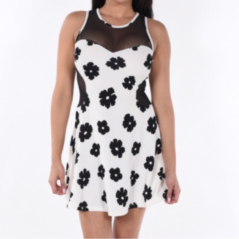 White and Black Floral Mesh Panel Skater Dress